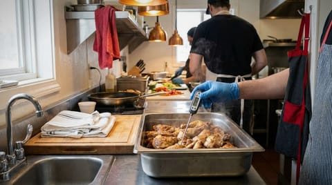 A cook checking cooked chicken with a probe thermometer at the grill