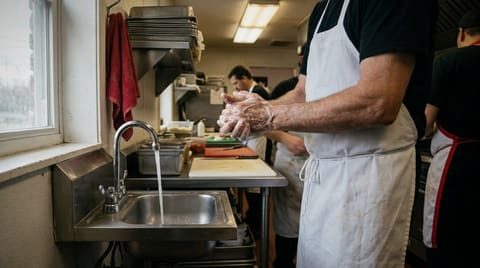A cook washing hands with soap at a steel hand sink in a restaurant kitchen