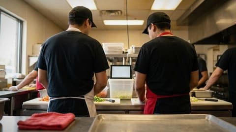 Two kitchen workers in aprons following a food safety lesson on a tablet