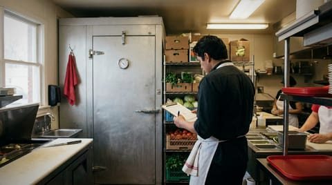 A kitchen manager checking a food safety checklist on a clipboard