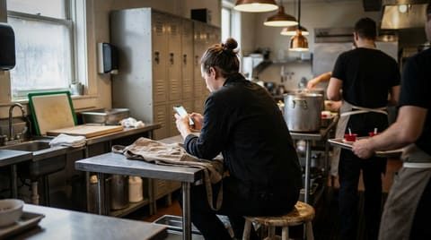 A new server studying a food safety course on a phone in a break room
